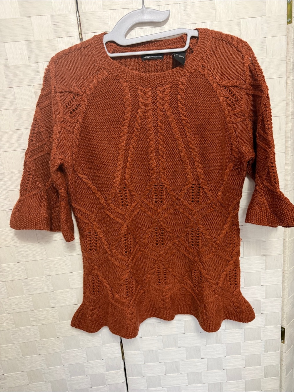 Moda International Rust Textured Cable-Knit Crew Sweater